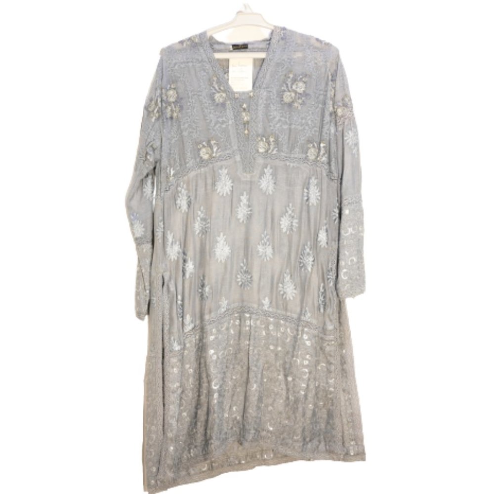 Agha Noor Women's All Silk Chiffon Heavy Embroidered Tunic Dress Gray Small NEW